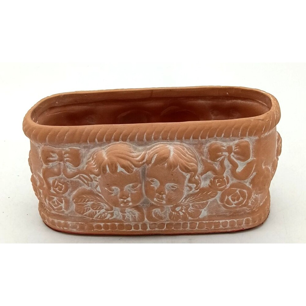 Vintage Terracotta Small Cachepot Jardinière Cherubs Planter Rope Trim 6.5"